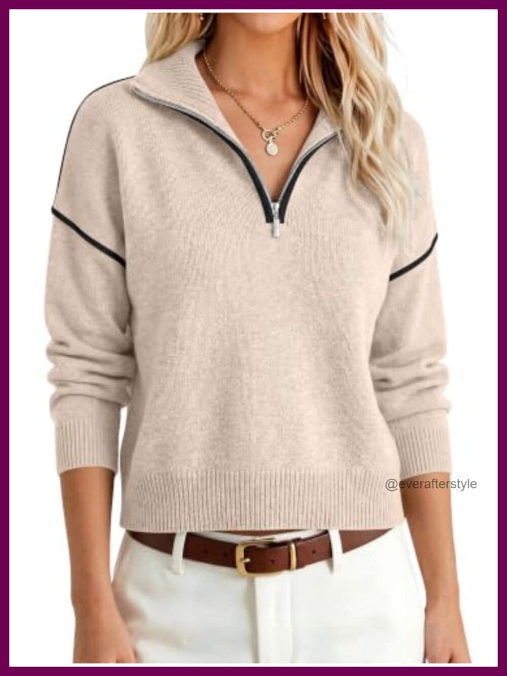 Cropped Quarter Zip Pullover Sweater Loose Fit Ribbed Knit Fall Workwear
